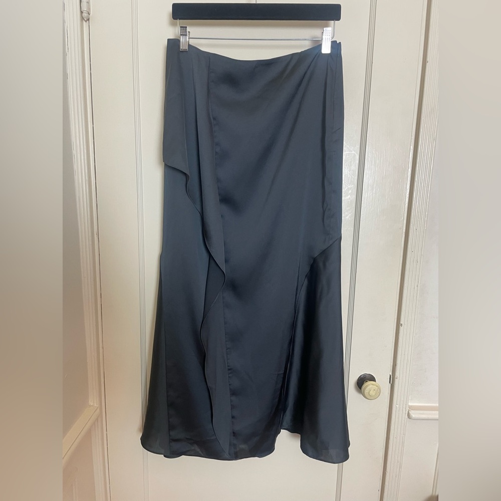Banana Republic Charcoal Grey Satiny Maxi Skirt with Abstract Ruffle Detail